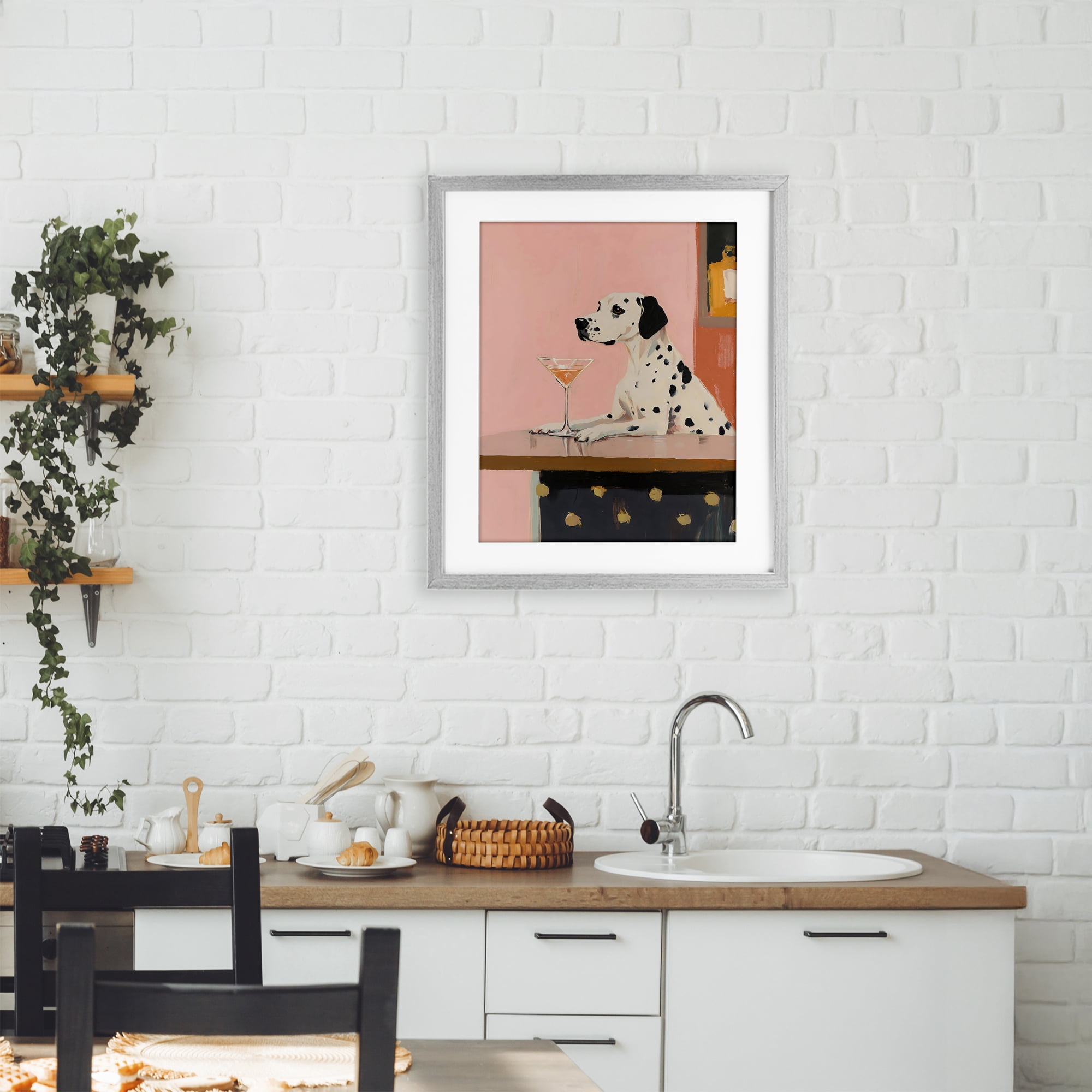 Stupell Industries Dalmatian at Cocktail Bar Gray Framed Print Under Glass, design by The Prints Vibe