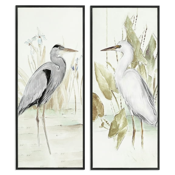 Stupell Industries Heron Egret Marsh Landscape Animals Painting Black Framed Art Print Wall Art, 10 x 24, Set of 2