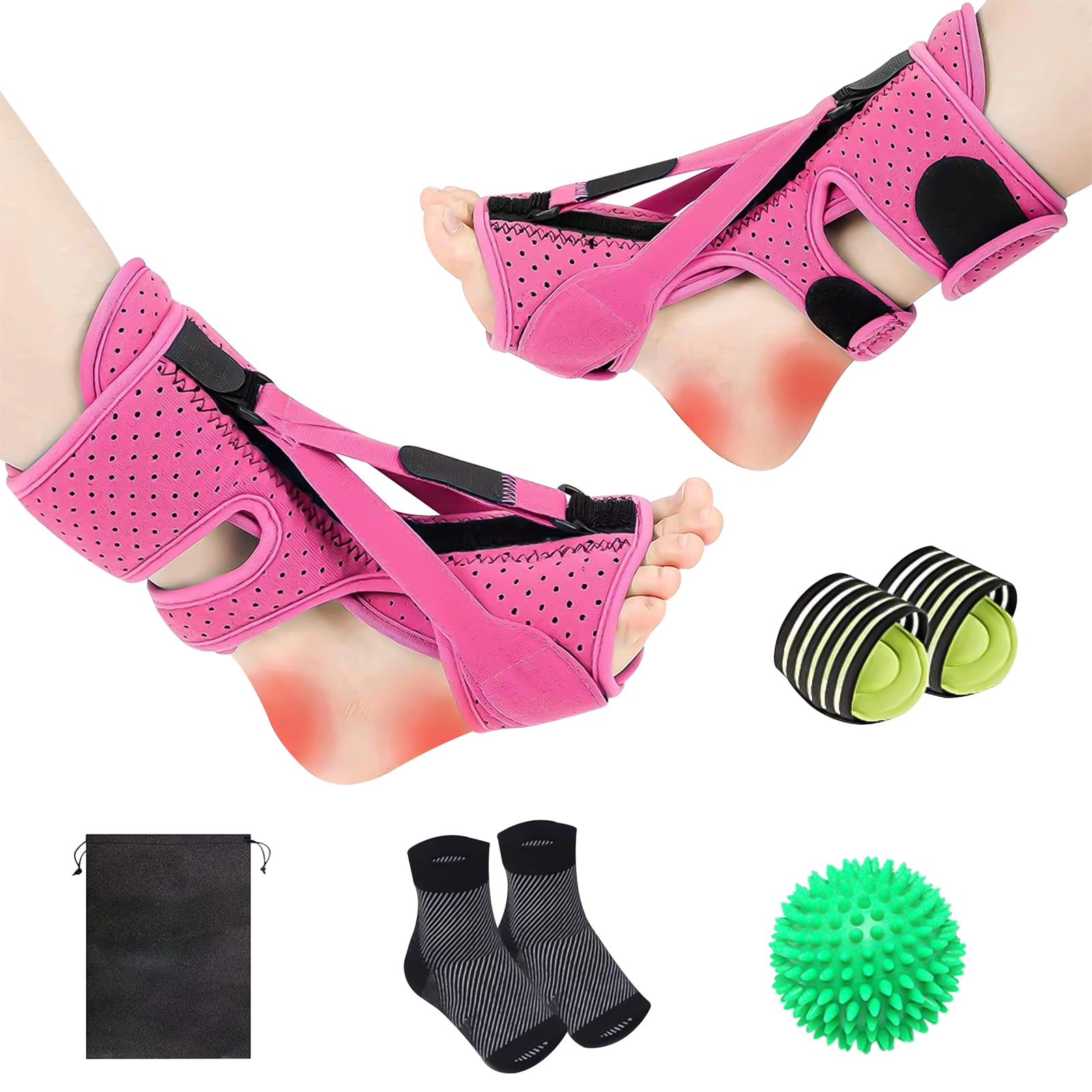 SPOKKI 8 Pcs Plantar Fasciitis Night Splint Kit-2 Pack Plantar Fasciitis Relief Brace with Massage Ball*1, Arch Support*2 and Fasciitis socks*2 (Pink)