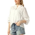 thumbnail image 4 of Blusa Boho INSPIRE CHIC para mujeres con cuello rizado y huecos, manga larga abullonada, botón, blanca, XL, 4 of 6