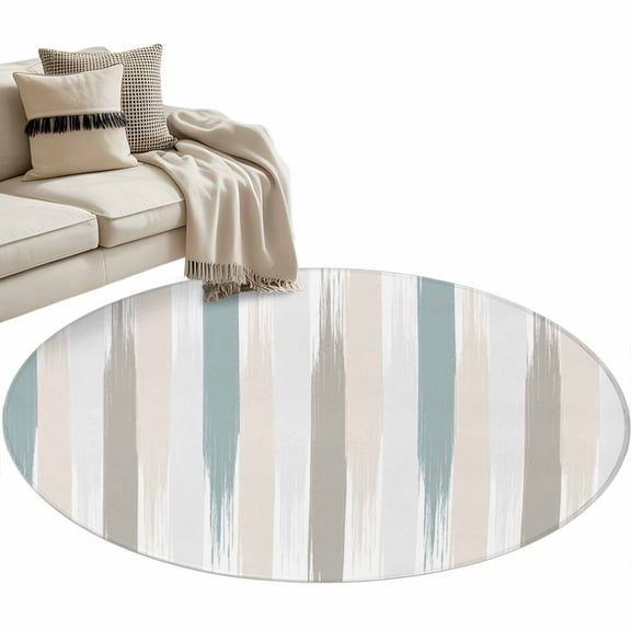 Teal Beige Brown Round Area Rug 4 FT, Non Slip Indoor Outdoor Rug, Modern Oil Painting Striped Abstract Art Washable Soft Circular Carpet Floor Mat for Coffee Table Nursery Foyer Balcony