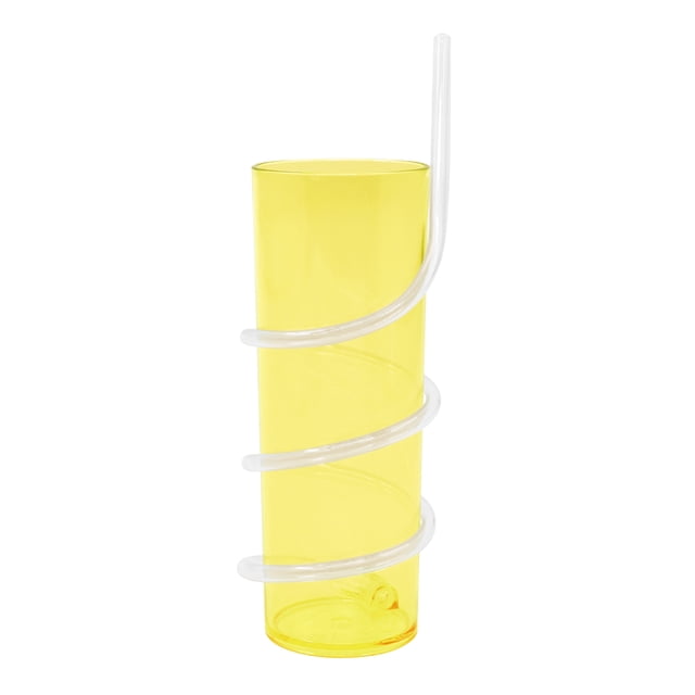 Mainstays Lemon Yellow Plastic Curly Straw Drinking Tumbler, 12.3 fl oz, Lightweight & Reusable Cup
