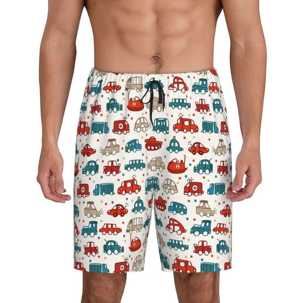 Balery Artoon Car Pantalones cortos de pijama de punto de algodón para hombre con cinturilla y bolsillos-3X-Large