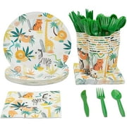 144 Piece Jungle Safari Theme Birthday Party Decorations, Zoo Animal Dinnerware Plates, Napkins, Cups, and Cutlery (Serves 24)