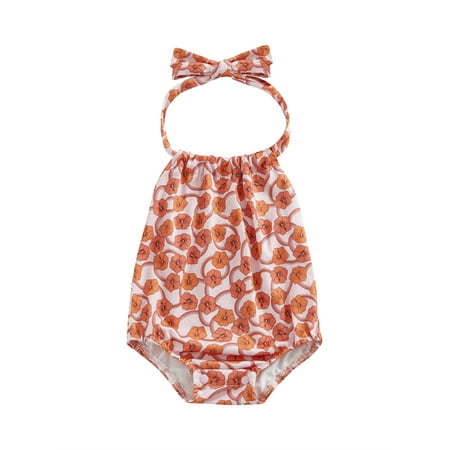 

Newborn Baby Girls Bodysuit Summer Clothes Sleeveless Tie-up Backless Sun/Ice Cream/Flower Jumpsuit