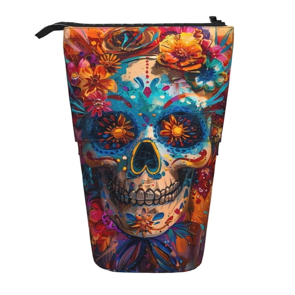 Xecao Colorful Floral Skull A Print Telescopic Pencil Bag Pen Holder Pop Up Stationery Case Stand-up Retractable Transformer Bag Standing Organizer