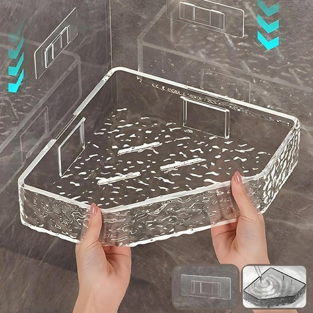 Estantes de baño Estante de almacenamiento de baño transparente Estante de baño acrílico sin perforaciones Estante de baño de esquina triangular montado en la pared Estante de vidrio para baño