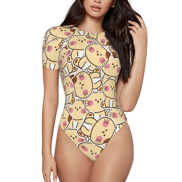 Balery Cute Cats 4 Body de cuello redondo de manga corta para mujer Tops de manga corta Tops básicos-X-Large