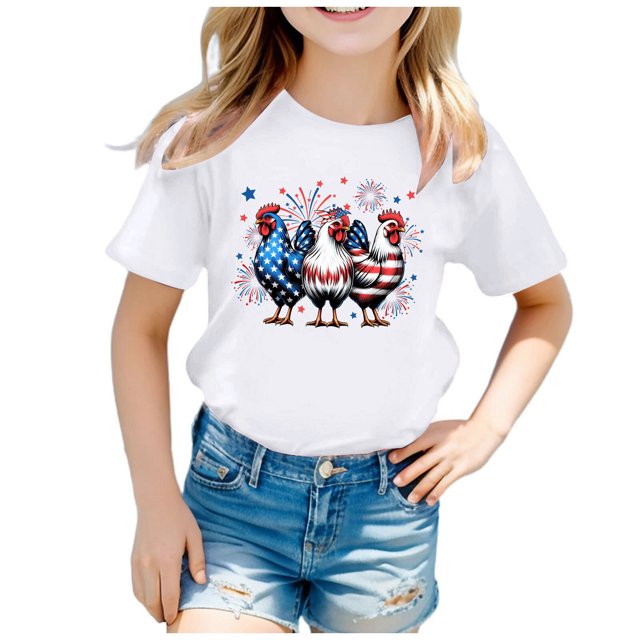 Chemises pour Tout-Petits Thème Jour de l'Indépendance Mode Partie Imprimée Manches Courtes Col Rond Hauts Filles Hauts Blanc 10 Ans-11 Ans