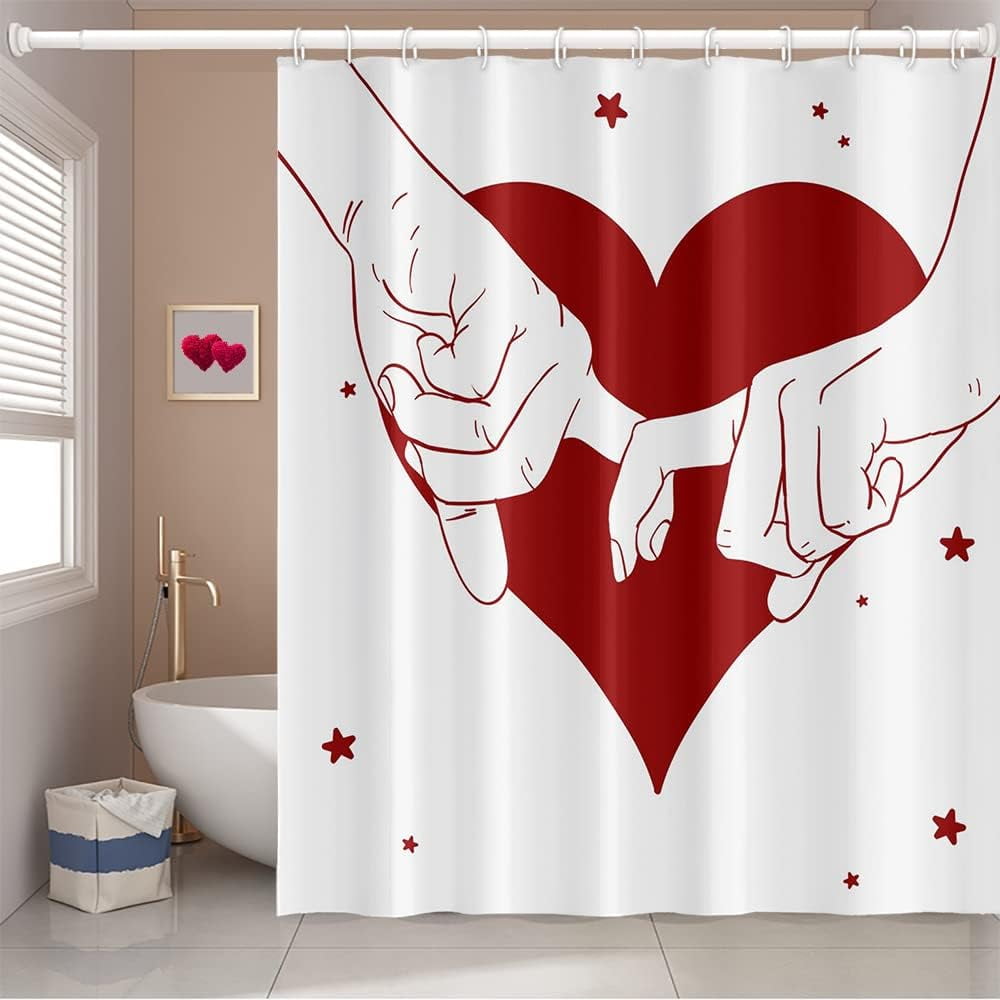 JOOCAR Happy Valentine's Day Shower Curtain Red Love Heart Hold Hands
