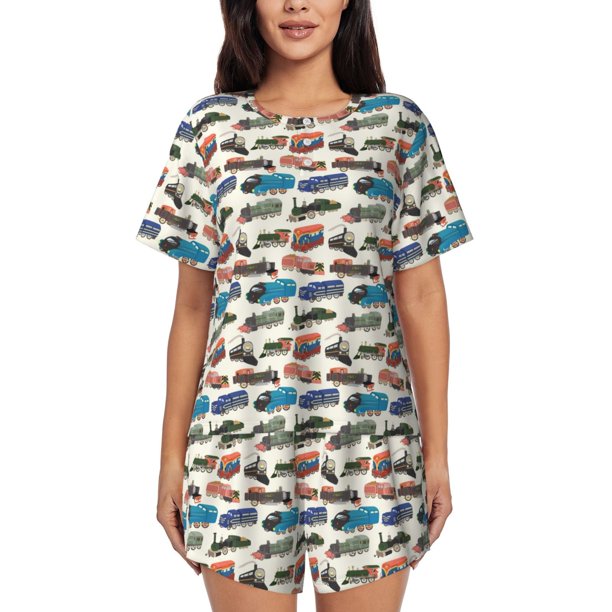 Fotbe Train Conjunto de Pijama Estampado para Mujer, 2 Piezas, Ropa de Dormir con Camiseta de Manga Corta y Shorts Suaves-Small