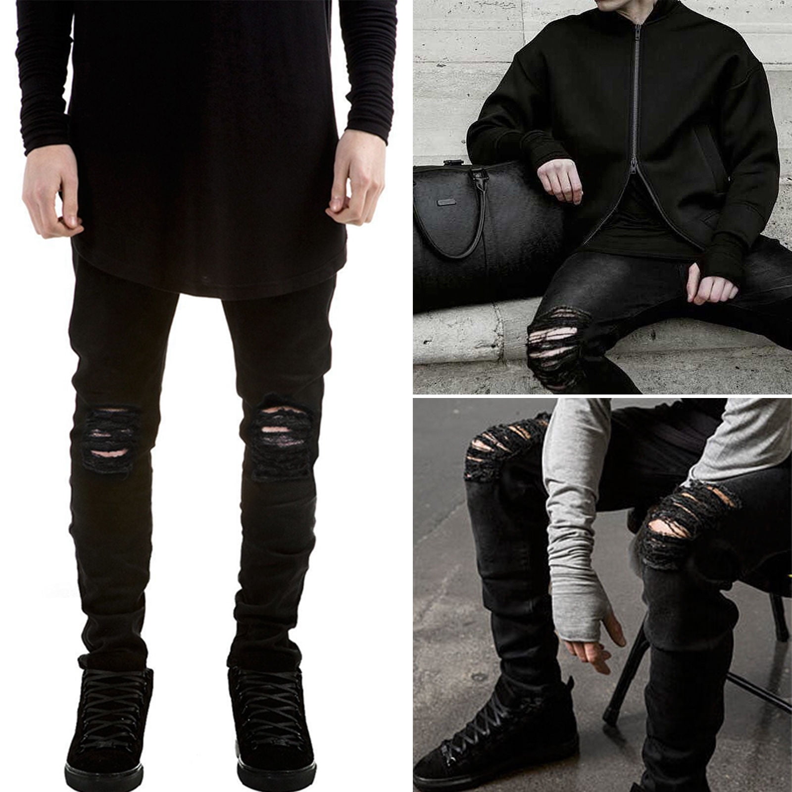 men's slim fit black stretch destroyed ripped skinny denim jeans