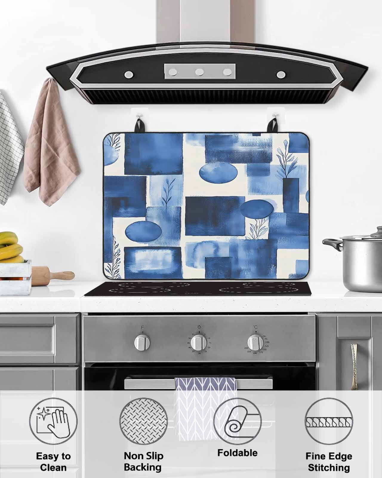 nqOlkjepod Large Induction Cooktop Protector Mat 36"x21", Abstract Blue Stove Top Covers for Electric Stove, Geometric Leaves Modern Minimalist Stove Burner Cover Mats, Glass Top Stove Cover
