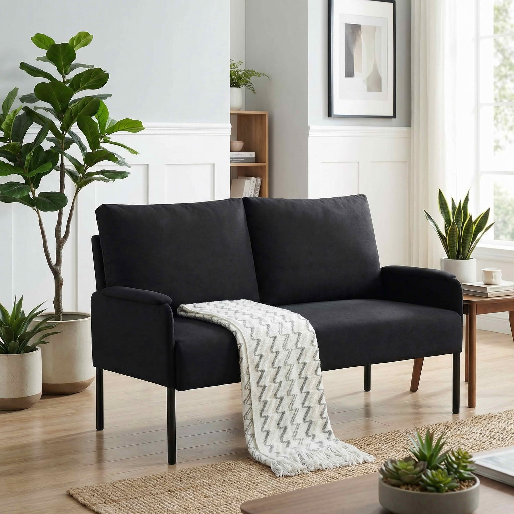 MAYEERTY 45.7" Metal Frame Loveseat, 2-Seater Sofa with Removable Washable Back Cushion, Solid Wood & Metal Frame, Small Space Couch with Non-Slip Leg Pads