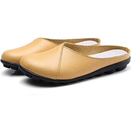 QUENLOOP Women s Loafers Slip-on Leather Shoes Open Back Mule Casual Flat Shoes Comfortable Summer Slipper