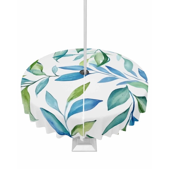 Fsddascl Blue Green Botanical Outdoor Tablecloth - 54 Inch Round Dining Table Cover, Watercolor Summer Leaf Waterproof Outdoor Table Cloth with Umbrella Hole & Zipper for Picnic/Patio/Party