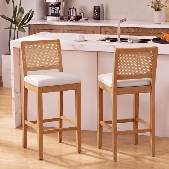 28" Solid Wood Rattan Bar Stools Set of 2, Cane Woven Back Counter Height Stools with Linen Upholstered Cushion for Kitchen Island, Dining Room, Beige