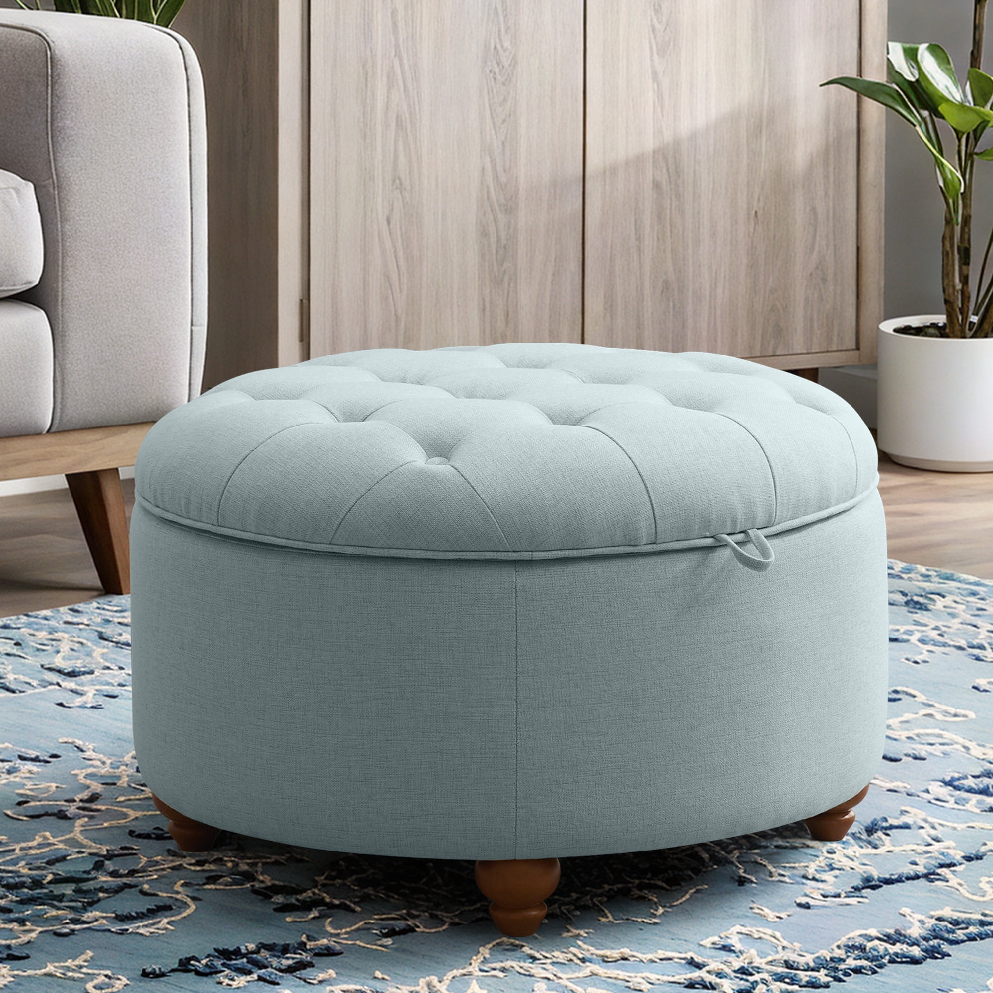 30'' Round Ottoman with Storage, Modern Tufted Fabric Storage Ottoman with Removable Top for Living Room, Bedroom, Light Blue