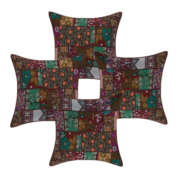 Stylo Culture Indian Cotton Home Decor Throw Pillow Sham Covers Dark Brown 20x20 Bohemian Vintage Patchwork Indian Couch Cushion Covers 50 x 50 cm Living Room Abstract Square Pillowcases | Set Of 4
