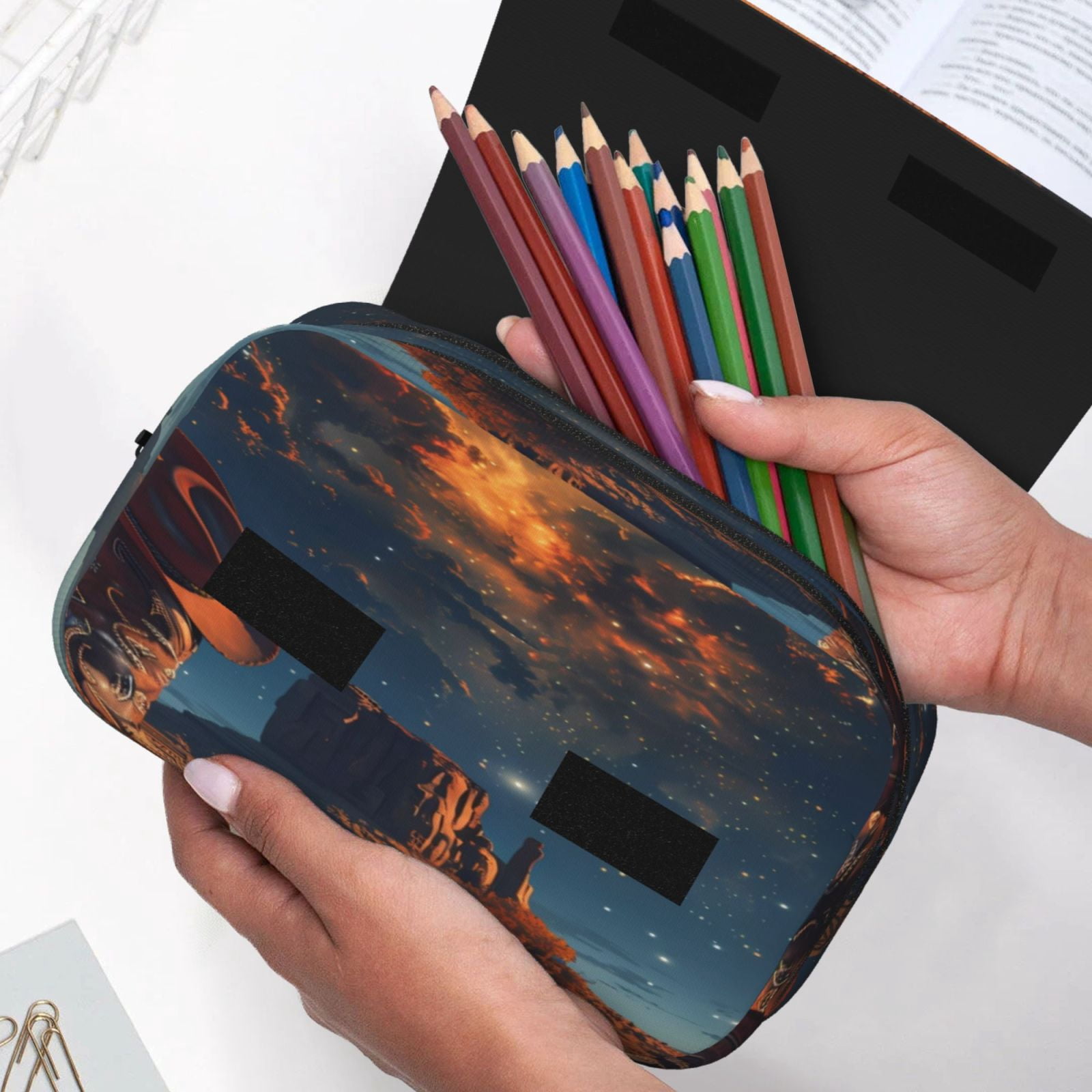 Rateoe Cowboy Boots Under Starry Sky Pattern Double Clamshell Pen Case, Storage Organizer with Two Zipper Compartments– Holds Up to 50 Pencils & Pens