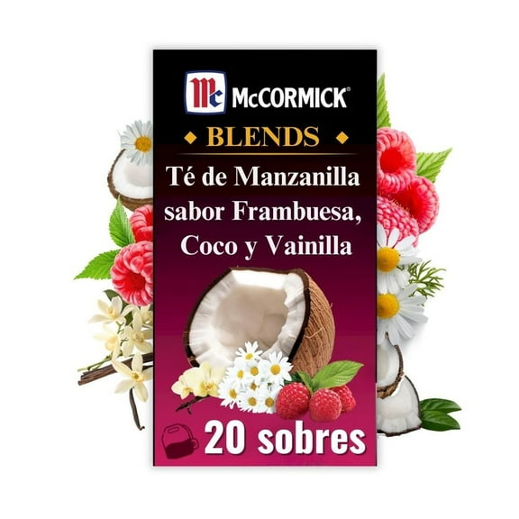 Té de manzanilla McCormick Blends sabor frambuesa, coco y vainilla 20 sobres