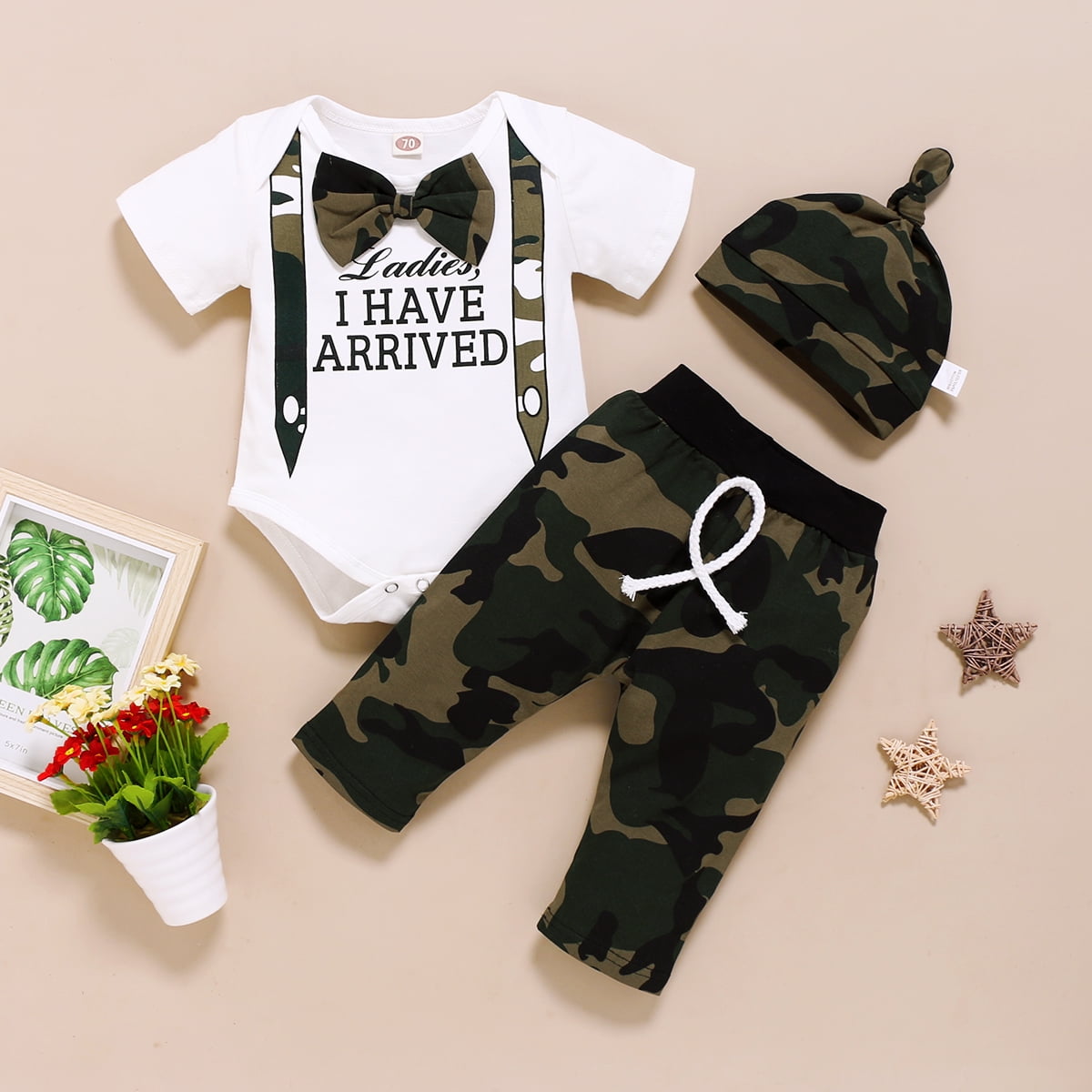 0 18M Newborn Baby Boy Clothes Camouflage Romper Pants Hat 3PCS Outfits Clothes