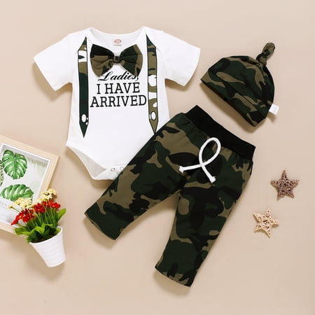 

Caitzr Newborn Baby Boys Letter Print Short Sleeve Romper Long Pants Camouflage Hat