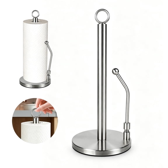 SAMODRA Paper Towel Holder, Stainless Steel Paper Towel Stand Holder, Weighted Base, Spring Arm for Easy Tear, for Home Kitchen Countertop Tabletop, Silver