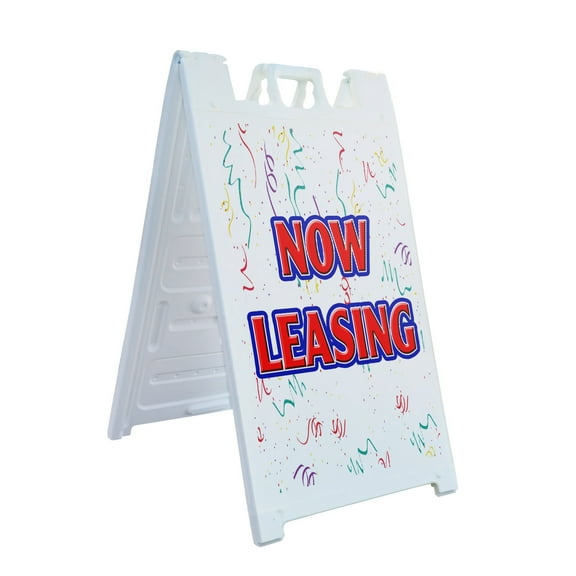 A-frame Sidewalk Now Leasing 24" x 36" Double Sided A-Frame Sidewalk Sign, Includes 2 Plastic Inserts | Foldable Portable White Signicade Sandwich Board Signs