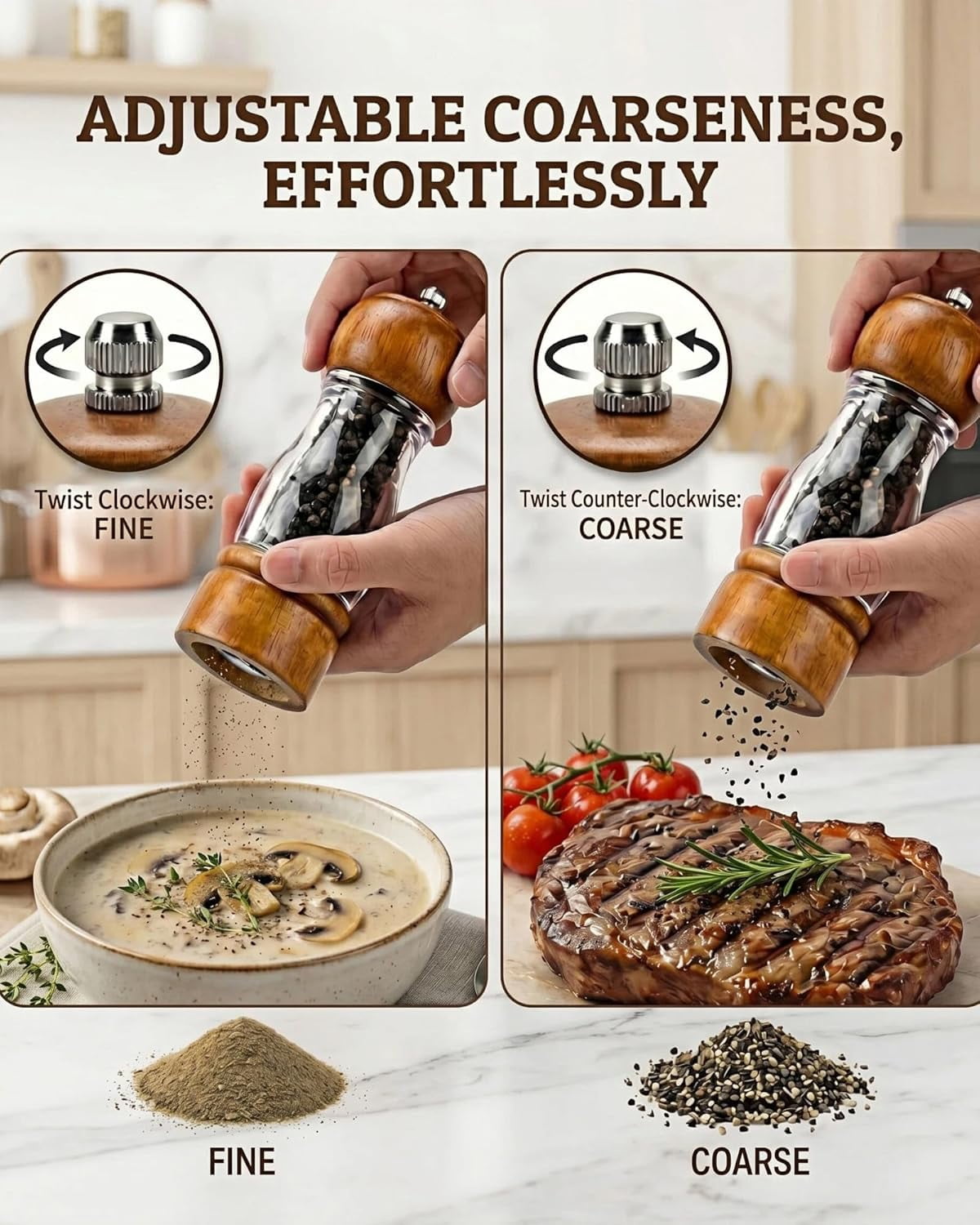 Wooden Salt and Pepper Grinder Set with Tray - 6.3 Inch Refillable Manual Pepper Mill & Sea Salt Grinder, Acrylic Window, Adjustable Ceramic Rotor for Peppercorns, House Warming Gifts