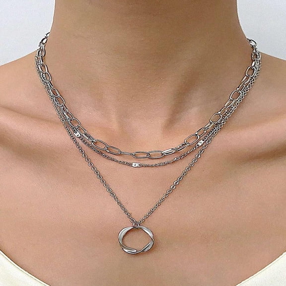 3 Layered Twisted Circle Pendant Necklace Chunky Paperclip Chain Dainty Beaded Choker for Women