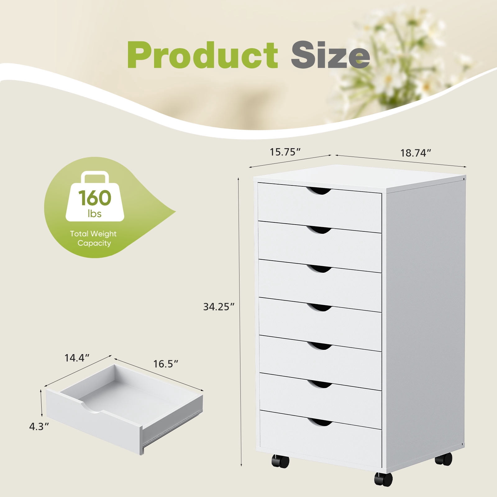 CONCETTA 7-Drawer Wooden Storage Chest, Mobile File Cabinet with Wheels, Versatile Dresser for Home, Office, or Bedroom Organization, White