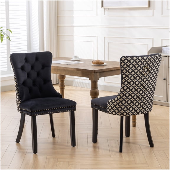 Set of 2 Modern Velvet Dining Chairs with Nailhead Trim and Solid Wood Legs, High Back Upholstered Side Chairs for Kitchen and Dining Room, Black