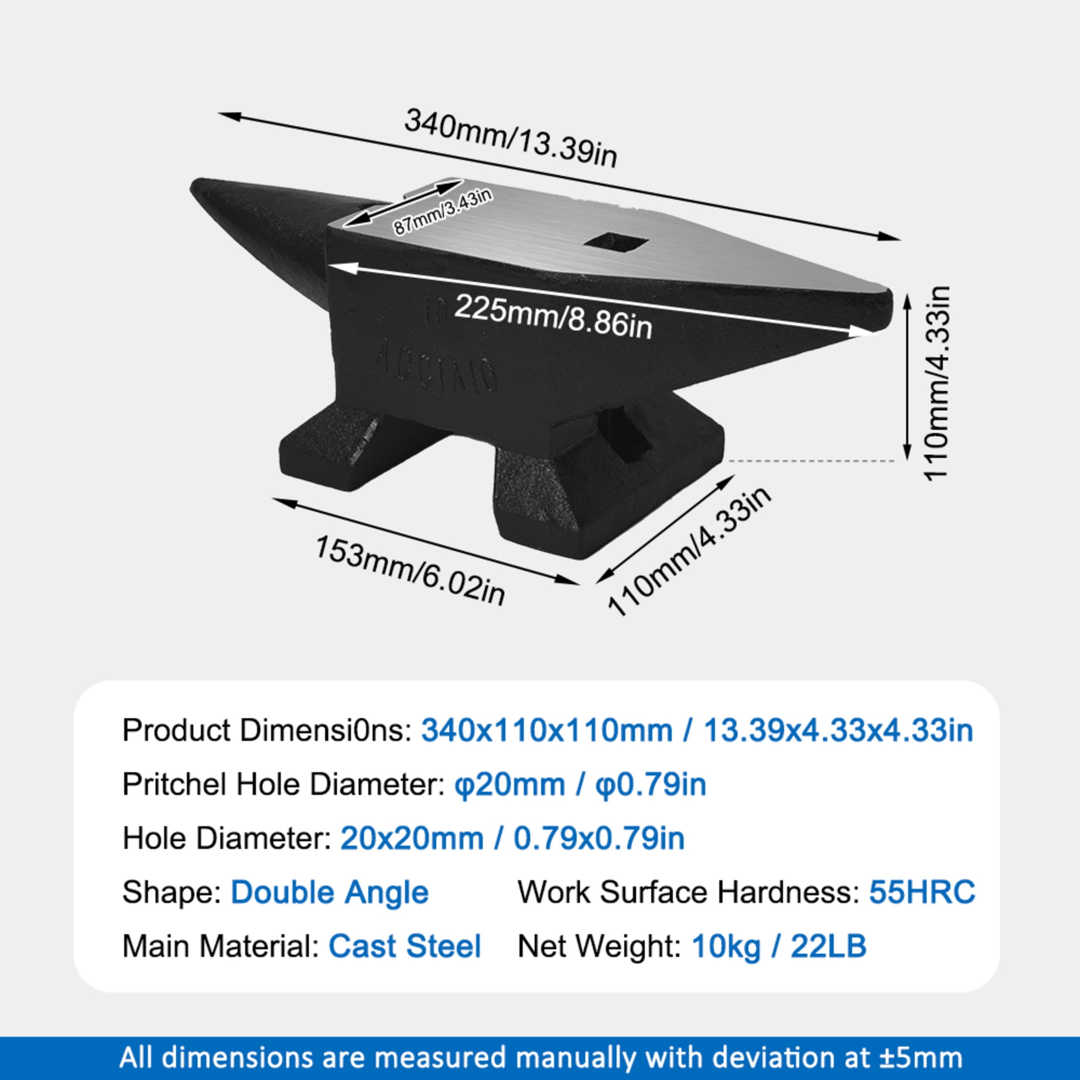 Noble House 22 lb Cast Steel Single Horn Anvil, 55 HRC Blacksmith Forging Tool with Hardy Hole