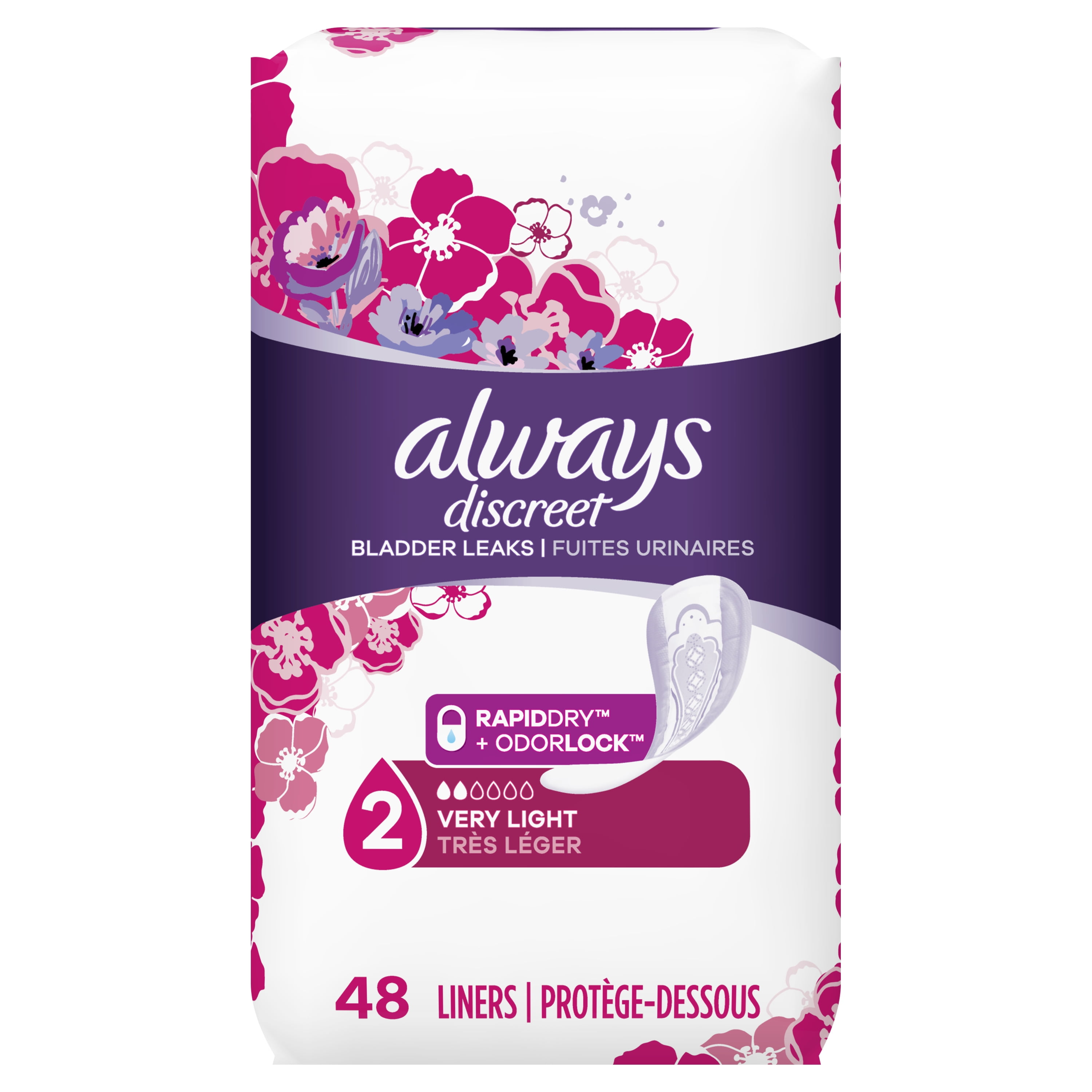 Always Discreet Incontinence Liners, Very Light Absorbency, Regular Length, 48 Count Walmart