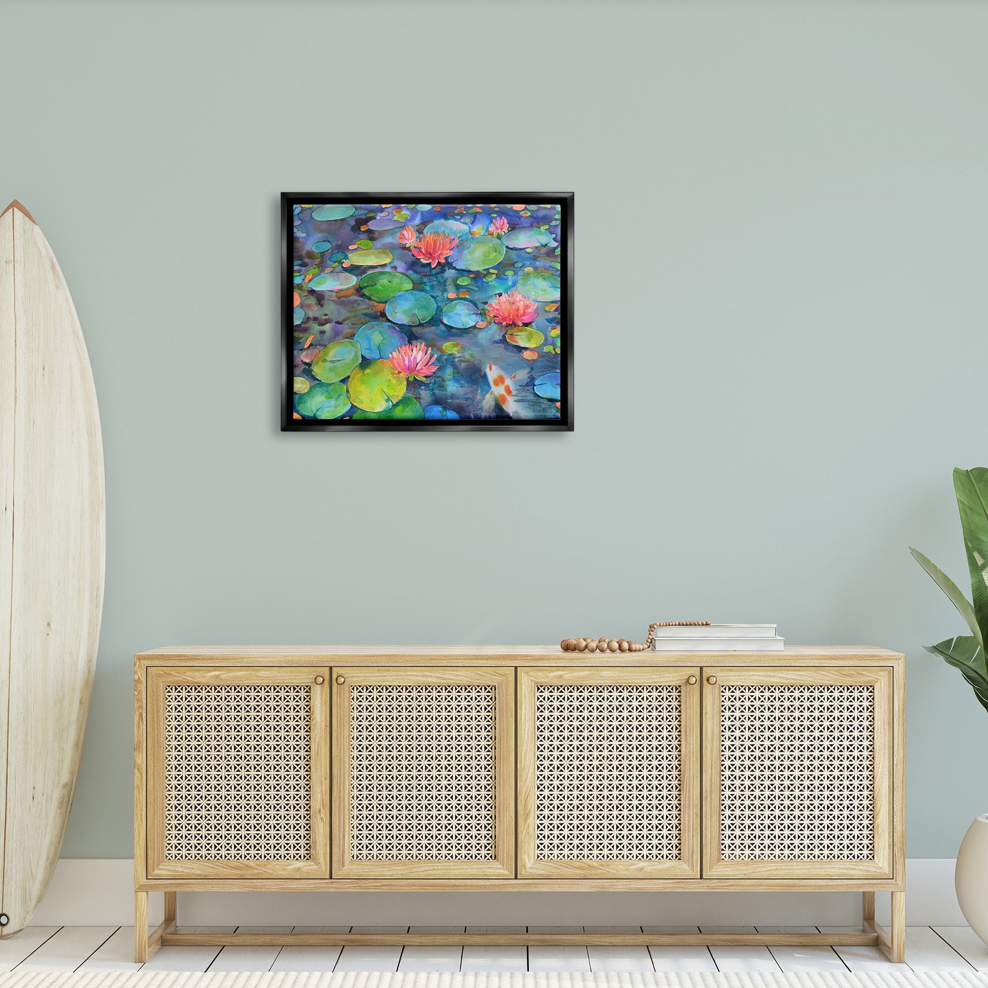 Stupell Industries Vivid Pond Lily Lotus Blossom Koi Fish Pond Painting Jet Black Floating Framed Canvas Print Wall Art, Design by Marietta Cohen Art and Design