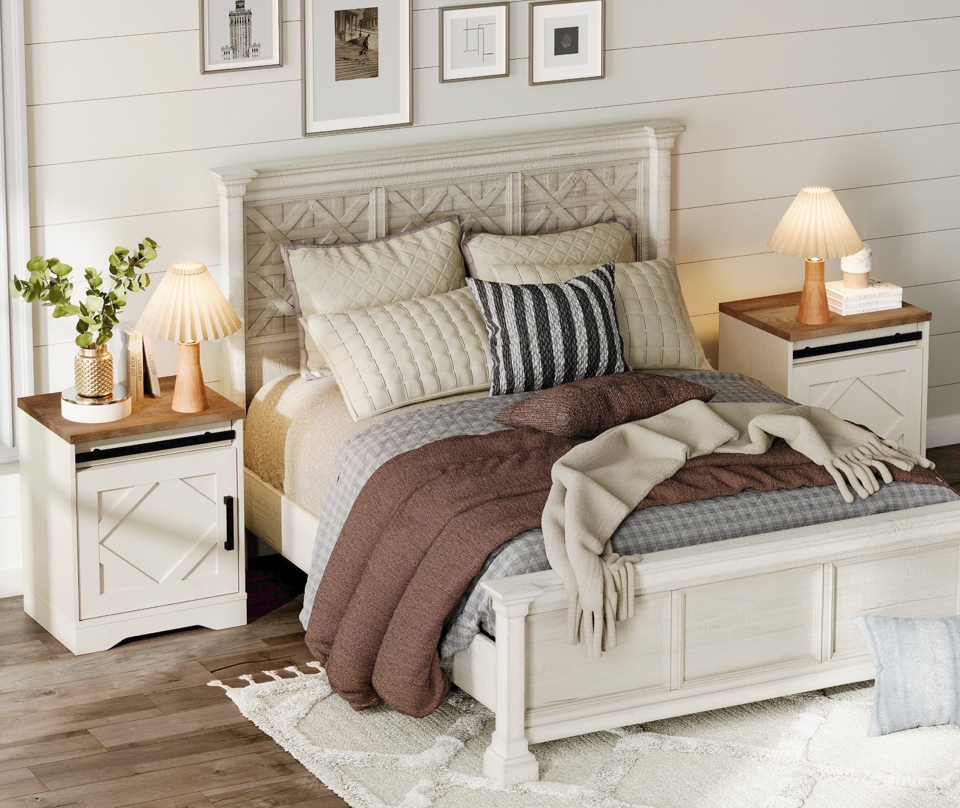 WAMPAT Farmhouse Nightstand,Wooden Bedside Table with Drawer & Cubby, Rustic Drawer Storage Sofa Side Table with Barn Door for Bedroom,Office,Cream White