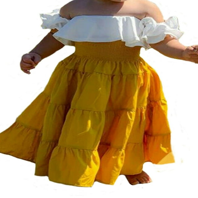 2pcs Kids Baby Girls Off Shoulder Crop Top Ruffle Tutu Dress Outfit Set Clothes Yellow 6-7 Years