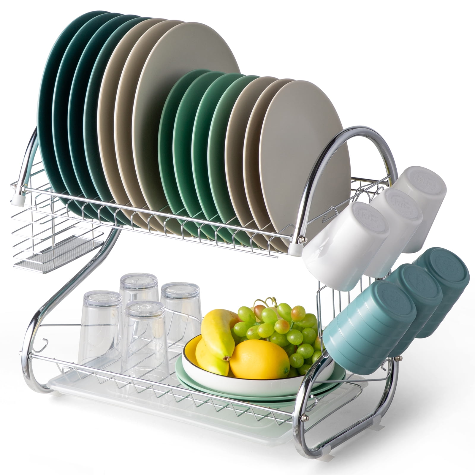 ACMETOP Dish Drying Rack, Expandable 2 Tier Large Rack for Kitchen Counter,  Stainless Steels Dryer with Drainboard, Cutlery & Cup Holders, Drainer