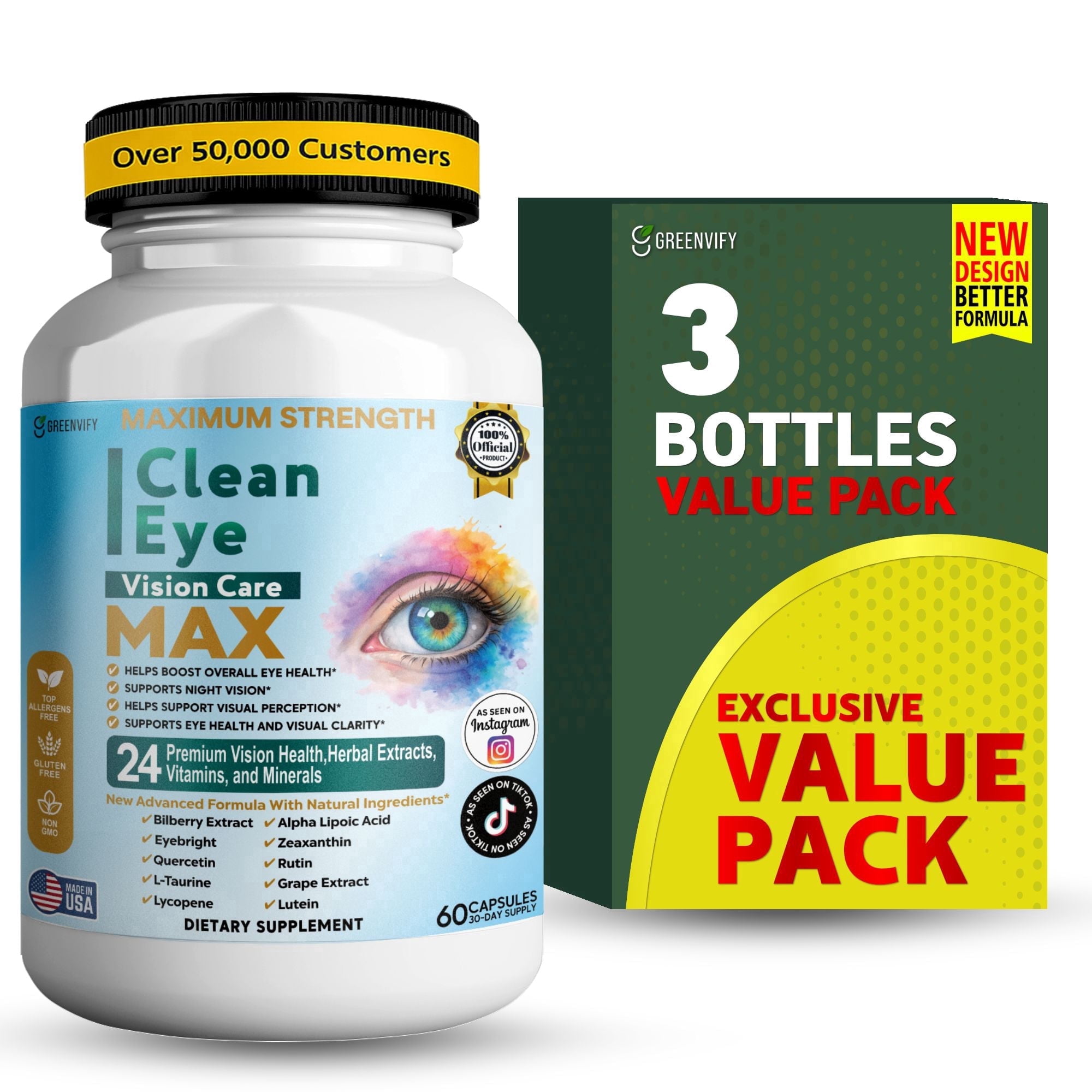 GreenVify Clean Eye Vision Care Max – Eye Support Dietary Supplement for Daily Vision , Advanced Antioxidant Formula