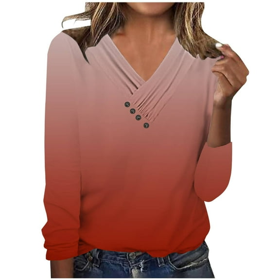 IROINNID Reduced Women's Long Sleeve V-Neck Shirts Daily Long Sleeve Summer V-Neck Sexy Tops Regular Solid Blouse Tops,Red