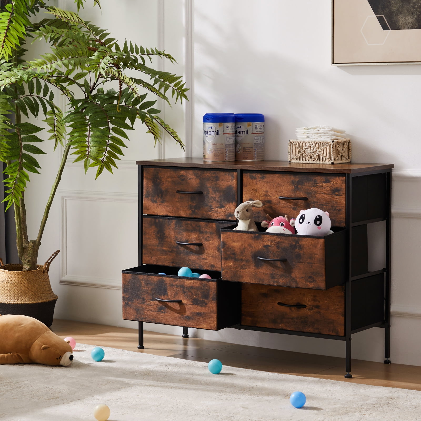 CONCETTA 6-Drawer Fabric Dresser Storage Chest for Bedroom, Closet, Storage Furniture for Adults, Rustic Brown