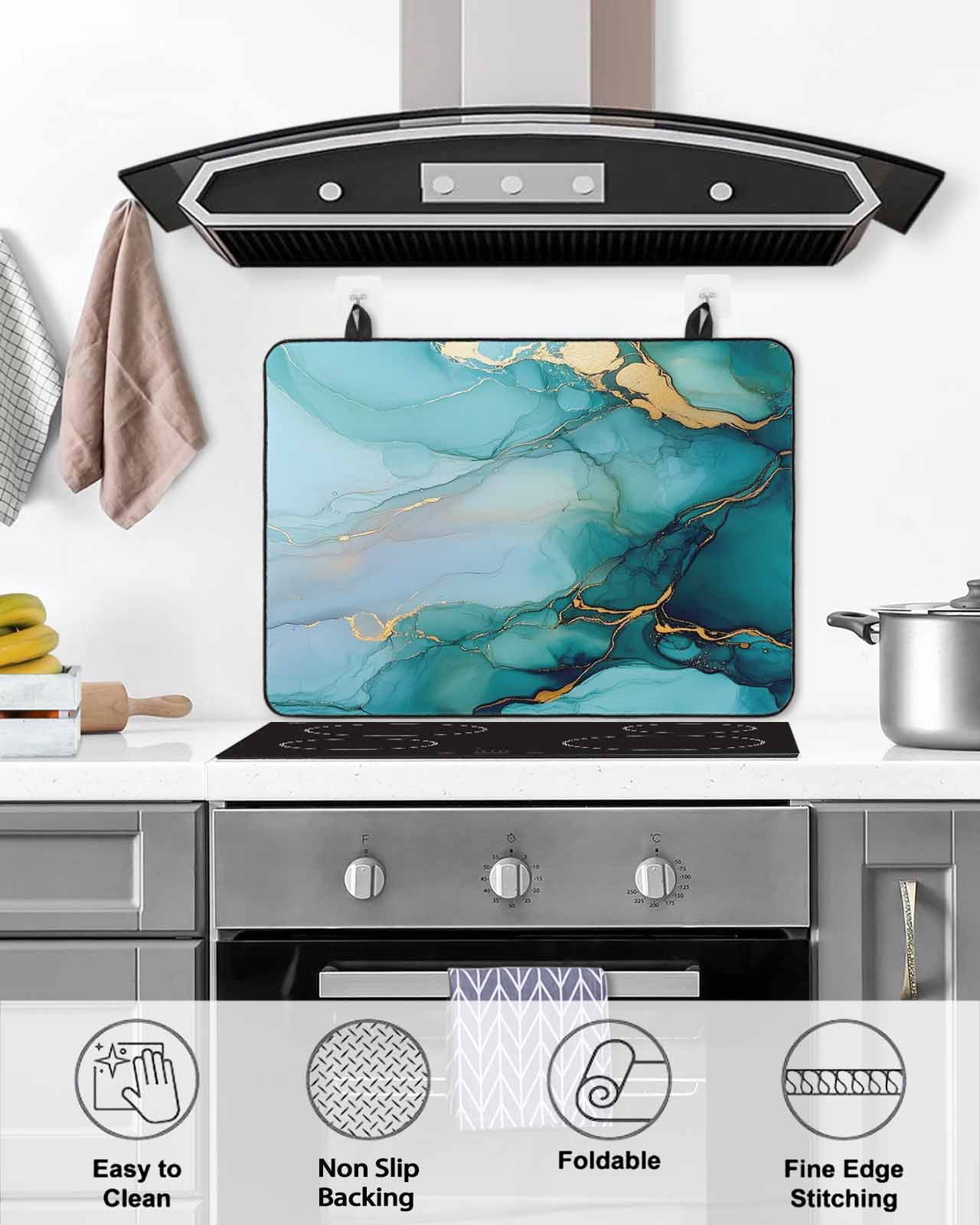 nqOlkjepod Large Induction Cooktop Protector Mat 36"x21", Turquoise Gold Marble Stove Top Covers for Electric Stove, Abstract Simple Geometric Stove Burner Cover Mats, Glass Top Stove Cover