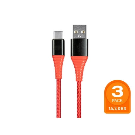 UPC: 0889028182086 | Monoprice Nylon Braided USB C to USB A 2.0 Cable – 3 Pack (1.5ft  3ft  6ft) – Red | Type C  Durable  Fast Charge for Samsung Galaxy S10/ Note 8  LG V20 and – AtlasFlex Series