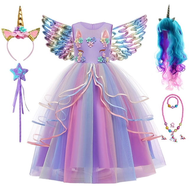 Fantasia-vestido de unicornio arcoíris para niñas, estilo de hoja de loto, flor, tul largo, Princesa, fiesta de cumpleaños Fivean unisex