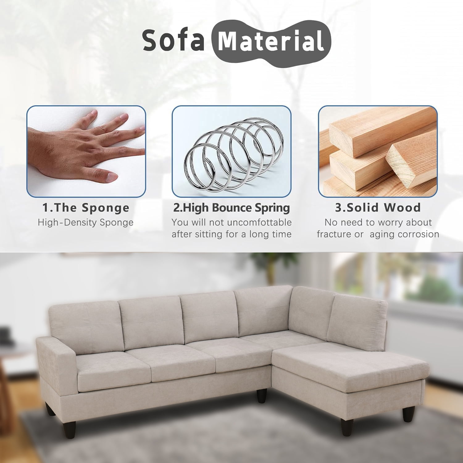 Wzlam Sectional Couch for Living Room Furniture Sets, Off-White Short Fur Fluffy Fabric L Shape Chaise, Modern 3 Piece Small Sofa Sets for Bedrooms, Apartments and Offices(Facing Right Chaise)