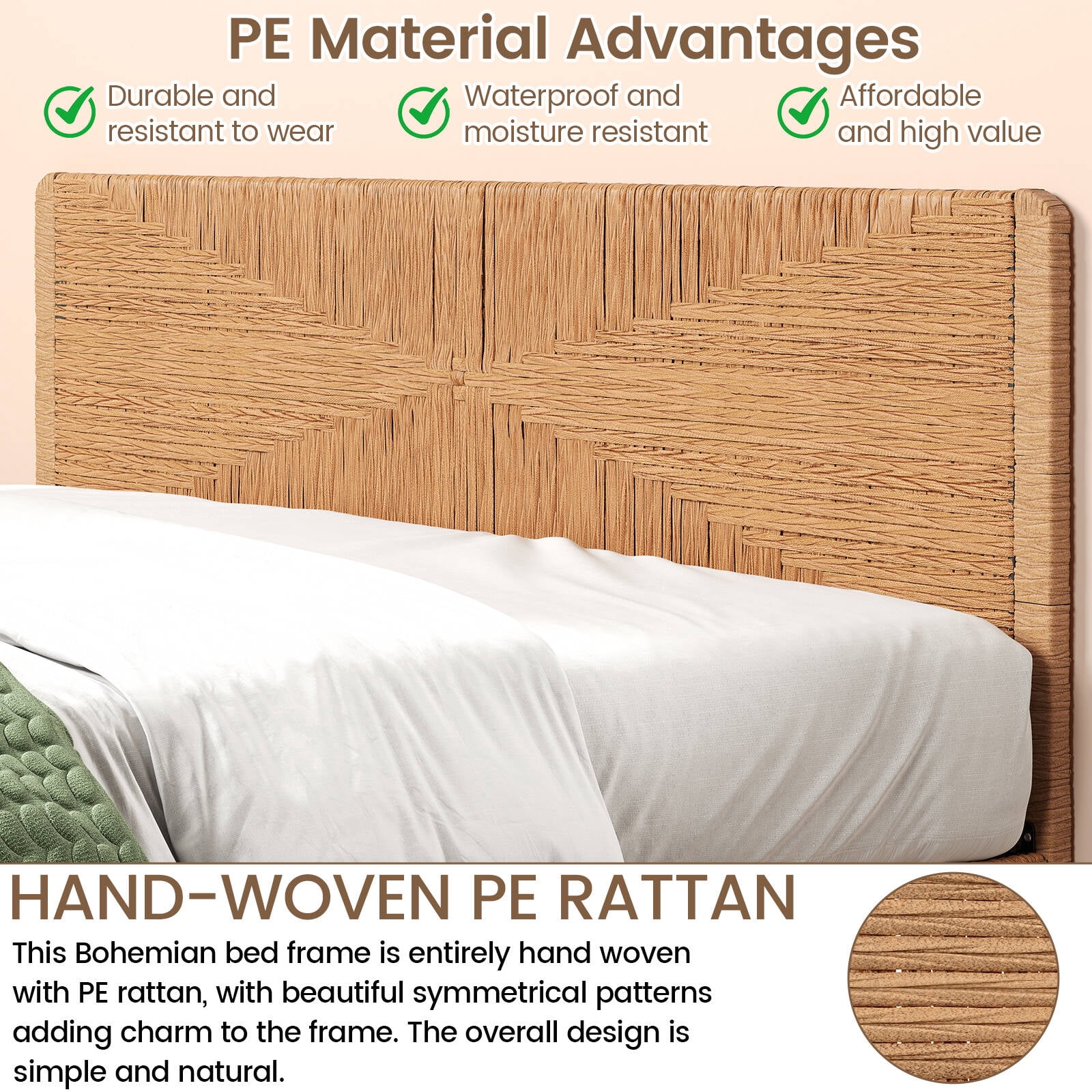Brafabhome Bohemian King Bed Frame with Hand-Woven PE Rattan Headboard and Footboard, No Box Spring Needed, 1000lbs