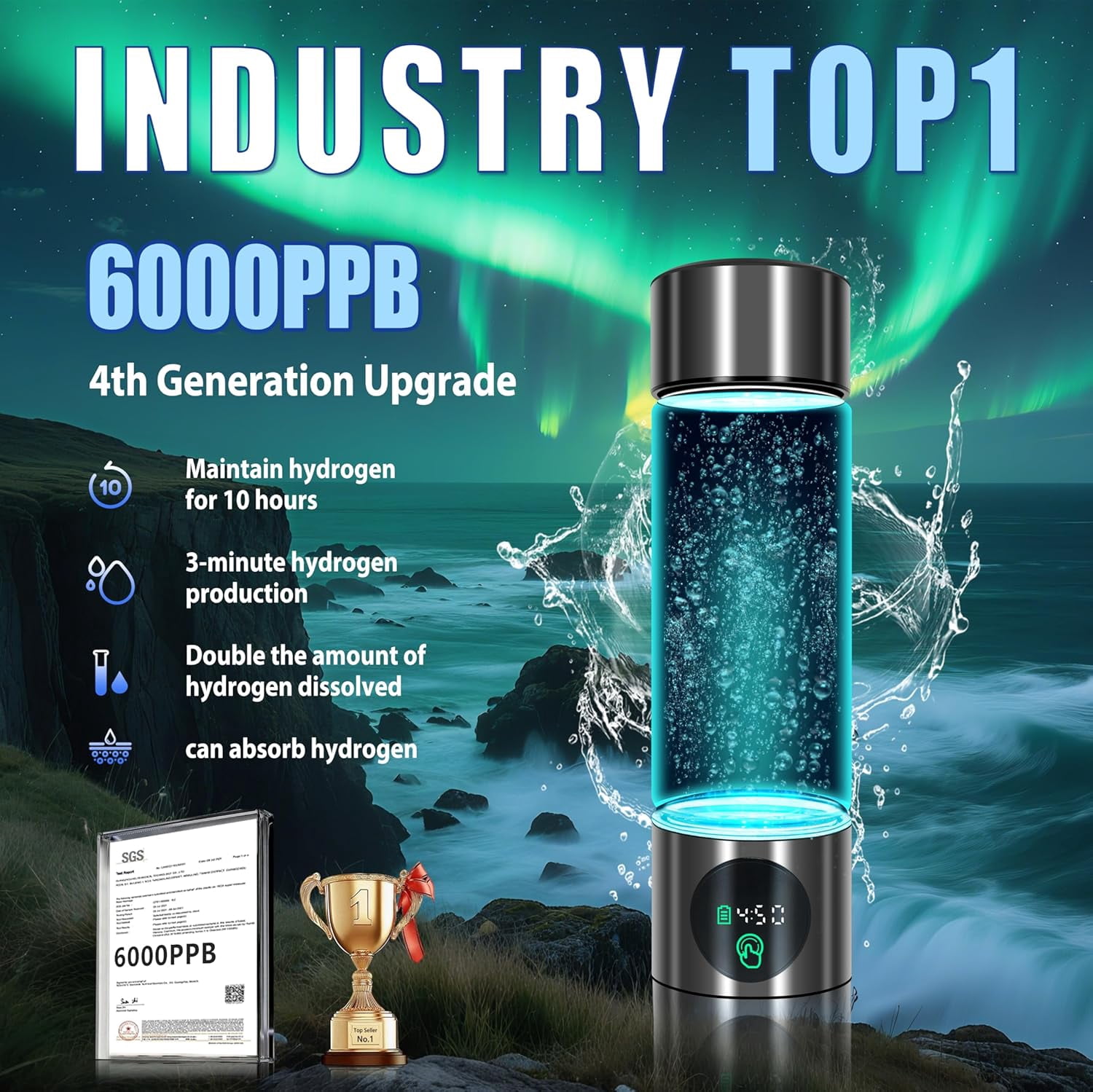 LC-dolida Hydrogen Water Bottle, 460ml SPE/PEM, Borosilicate Glass with LED Display, Rechargeable Leak-Proof Hydrogen Water Maker for Home, Office, Gym, Travel (Black）