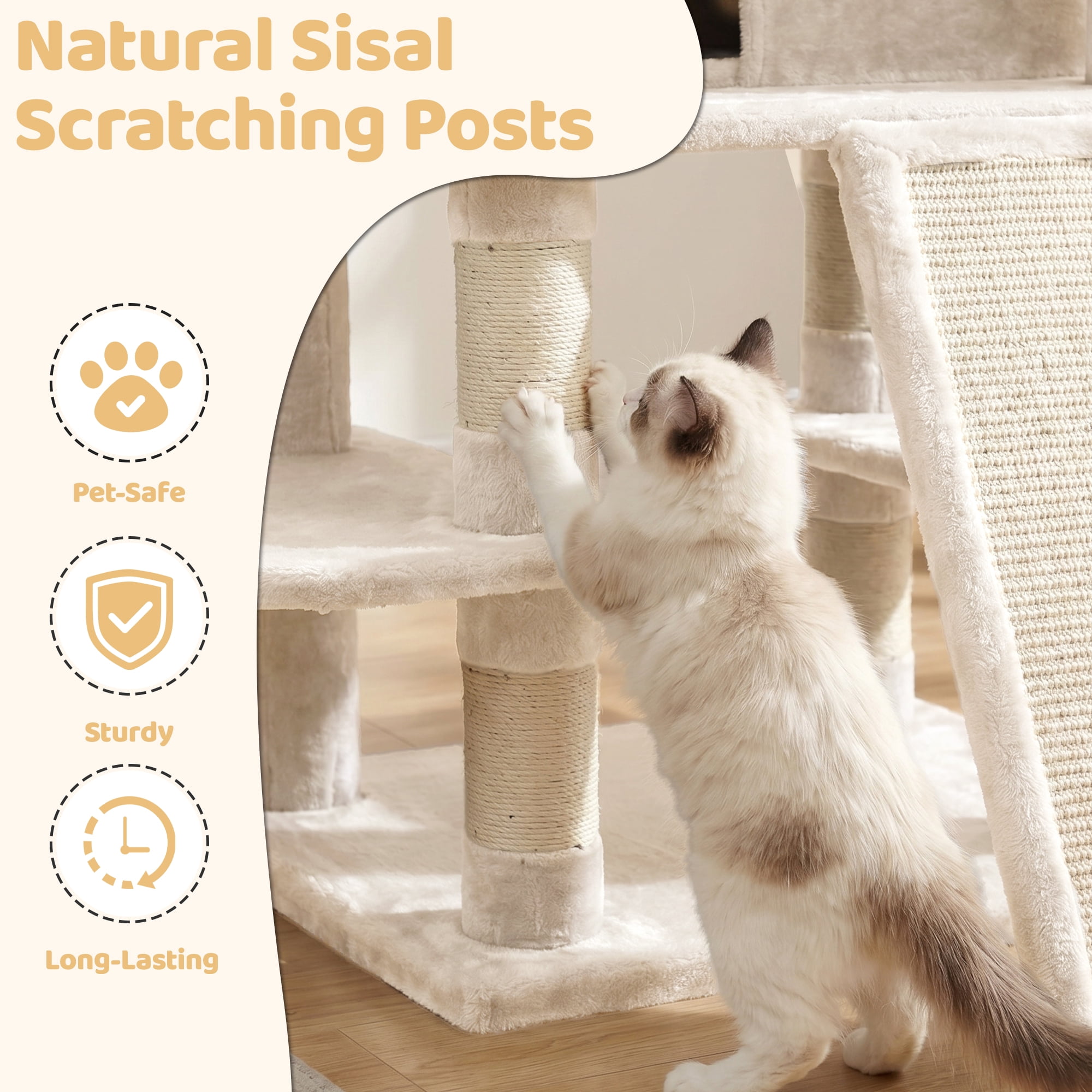 FOOWIN 70.8" Large Cat Tree, Multi-Level Cat Tower with Sisal Scratching Posts, Cat Activity Center Cat Play House, Beige