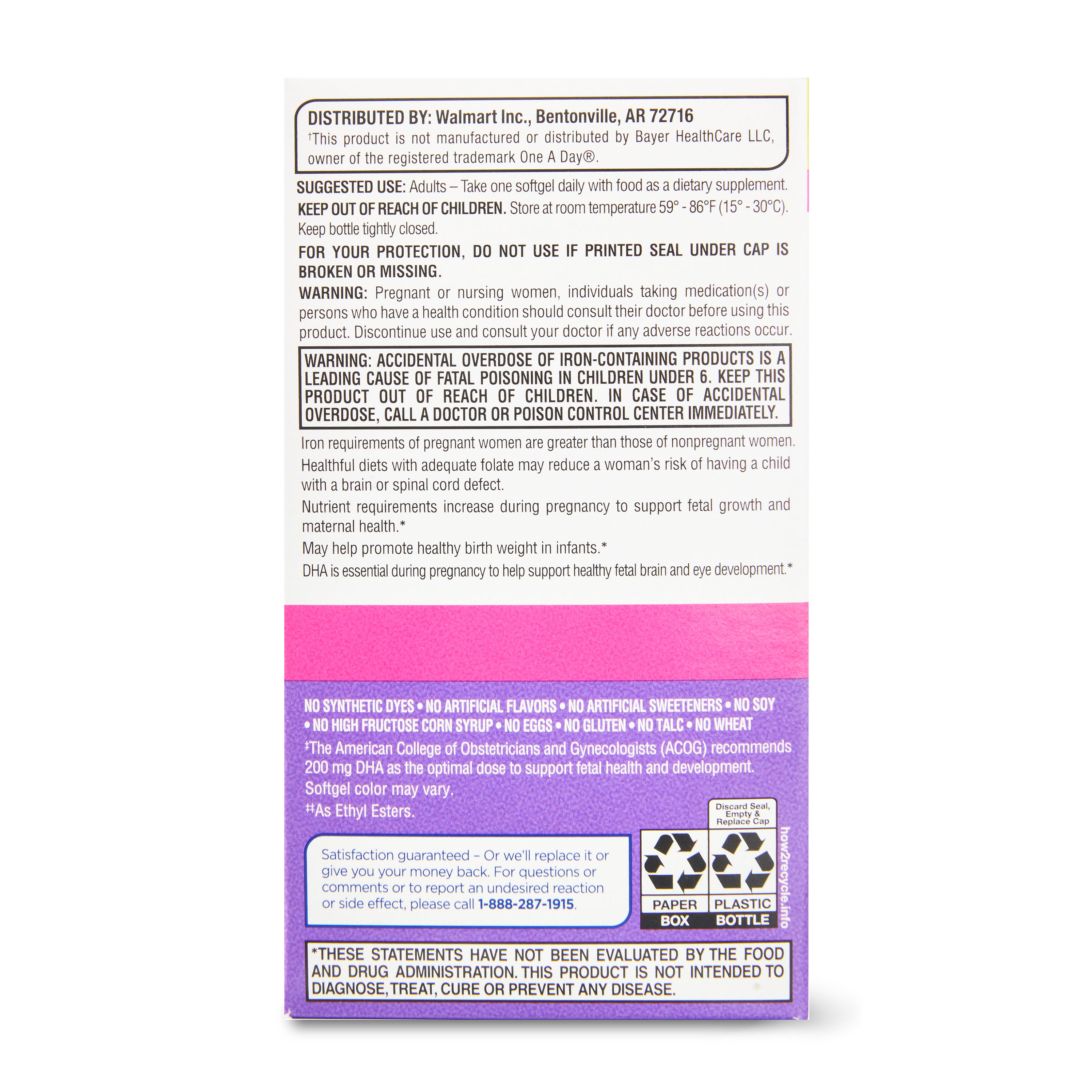 Equate Multivitamínico Prenatal Diario de Un Solo Día, Suplemento Multivitamínico/Multimineral, Paquete Económico, 60 Unidades, Comparar con One A Day® Women's Prenatal 1 6